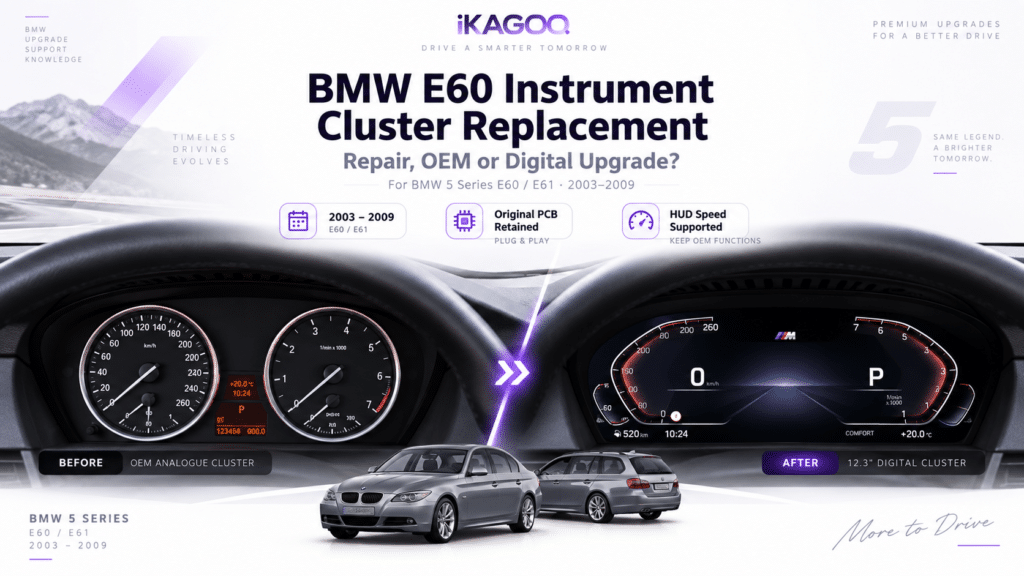 استبدال لوحة العدادات في BMW E60 2003–2009: إصلاح، OEM أم ترقية رقمية؟