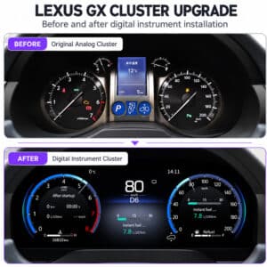 مقارنة قبل وبعد بين عدادات لكزس GX460 التناظرية الأصلية ومجموعة العدادات الرقمية المطورة