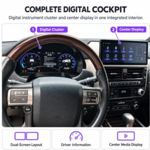 مقصورة Lexus GX460 تُظهر مجموعة العدادات الرقمية المثبّتة خلف عجلة القيادة وشاشة الترفيه المعلوماتي المركزية