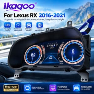 عرض بزاوية لمجموعة العدادات الرقمية ليكسوس RX 2016–2021 يُظهر عدادات رقمية على طراز OEM ومعلومات السيارة الأصلية