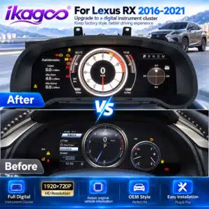 مقارنة العدادات قبل وبعد لمجموعة العدادات الرقمية ليكسوس RX 2016–2021 تُظهر لوحة قيادة على طراز OEM